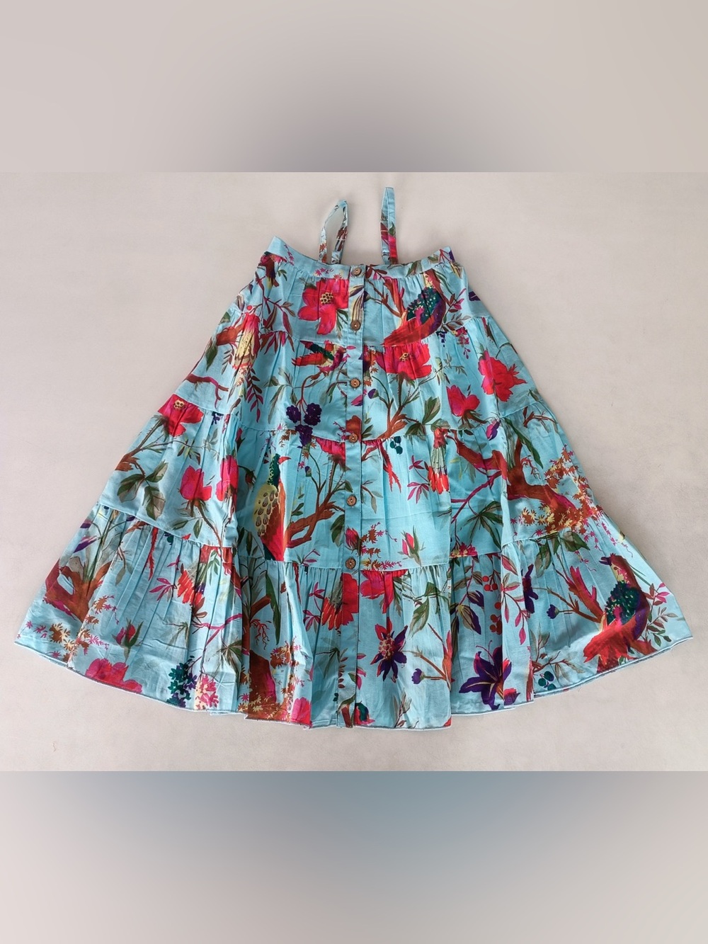 Yo Baby. Turquoise Bird Printed Tiered Dress. Size 6.